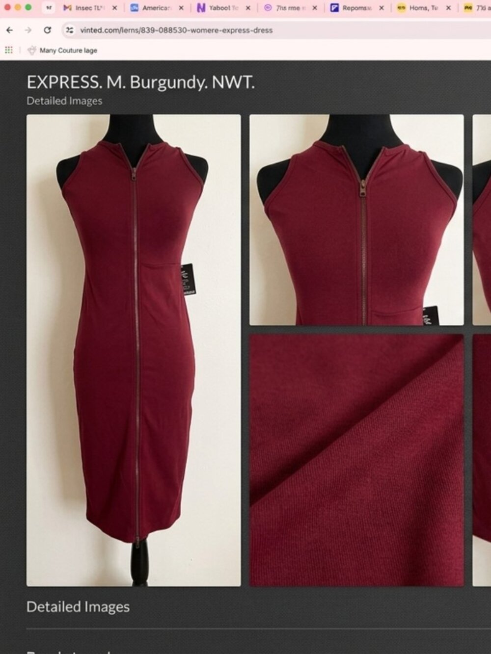 Express Burgundy NWT Front Full Zip Bodycon Midi Dress M (US 8-10)